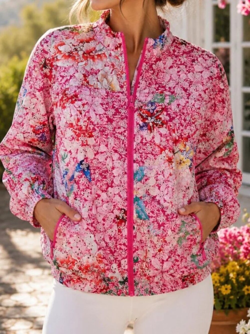 Johnny Was Active Jacket M Pink Eyelet Floral Full Zip Pockets Track Sporty
